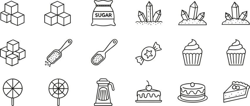 Dessert and candy outline icon collection with sugar cubes cupcakes cakes crystals sweets and lollipops isolated on white background vector set