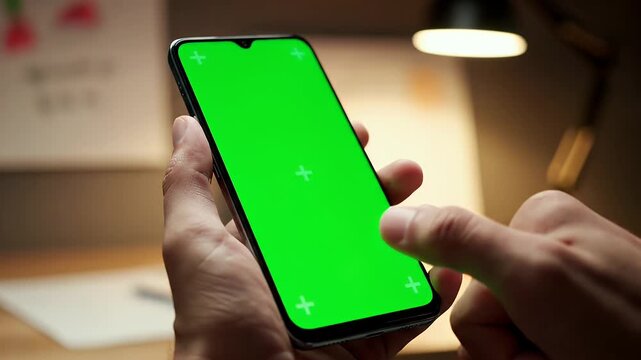 Close up of a person's hand holding a smartphone with a green screen, ideal for custom content and app development
