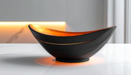 Modern black decorative bowl with gold interior, on white surface