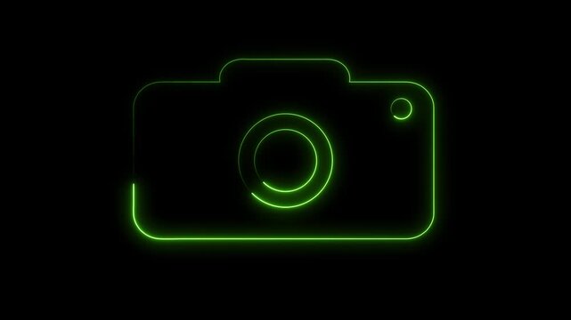 green Neon Camera Animation: Glowing Digital Photography Icon in Seamless Loop on Black Background, Modern Multimedia, Content Creator, and Social Media UI UX Interface Design Element