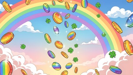 Naklejka premium St patrick's day rainbow gold coins and shamrocks flying in sky