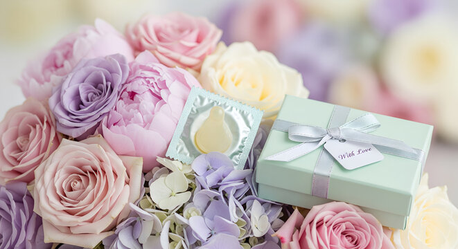 A luxury gift box and a condom among beautiful roses and flowers