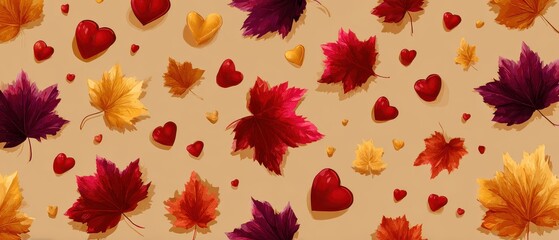 Colorful autumn scene with leaves and hearts