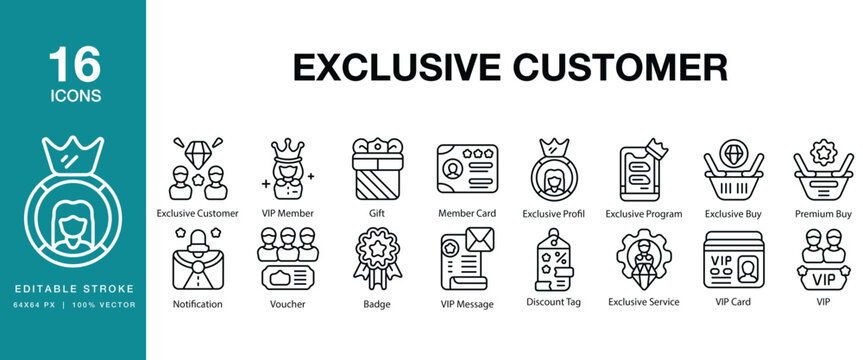 Exclusive Customer icon set. Includes exclusive, customer, premium, loyalty, vip, membership and More. Editable Stroke Icon Collection.