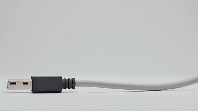 Minimalist USB-A to Type-C cable on white background with studio lighting. High-quality tech packshot.