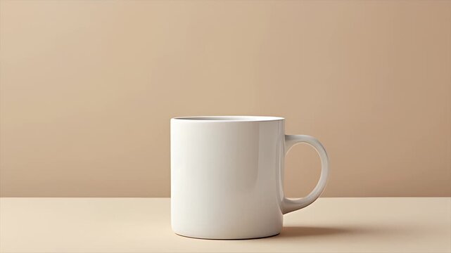 Minimalist white ceramic mug on a light beige background with soft studio lighting. Clean aesthetic packshot.