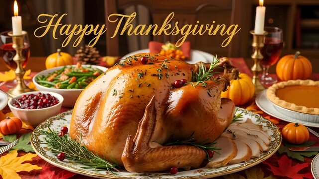 Thanksgiving turkey dinner table festive celebration holiday feast 4K Ai HD high quality video.
