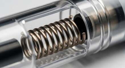 view reveals the metallic coiled spring mechanism inside a transparent component.