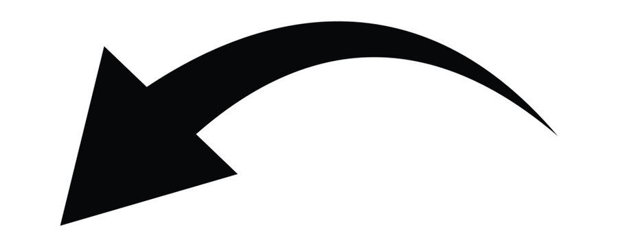 Black downward curved arrow icon. Black arrow vector isolated on a white background. Versatile design element for architectural diagrams, technical drawings, and signage. Vector illustration.