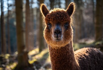 Naklejka premium Close Up Of A Brown Alpaca Face With Frosty Fur In A Sunlit Forest