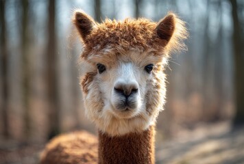 Fototapeta premium Close Up Portrait Of A Brown And White Alpaca With Snow On Its Fur In A Forest Setting