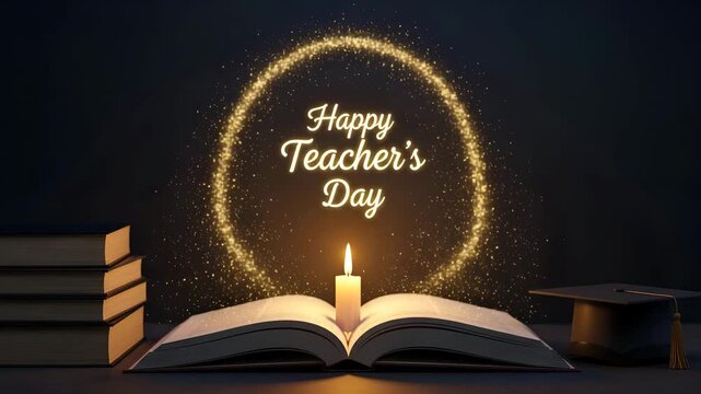 Happy Teachers Day Celebration with Open Book Candle and Graduation Cap 4K Ai HD high quality video.