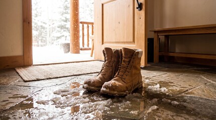 Muddy boots on a stone floor in a house entrance with snow melting around them from a winter outing