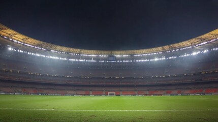 Naklejka premium wideangle. A nighttime stadium exterior with illuminated seating captured in a wide-angle shot. event key visuals, club posters, designed for sports event promotions and stadium branding.