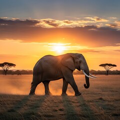 Fototapeta premium Large savanna elephant traverses grassy plains during brilliant golden sunset