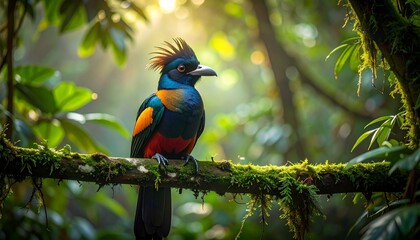 Naklejka premium Vibrant Quetzal Bird Perched on Mossy Branch in Lush Forest.