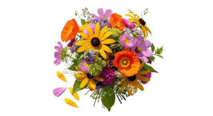 Colorful wildflower bouquet with orange poppies, yellow coneflowers and pink asters
