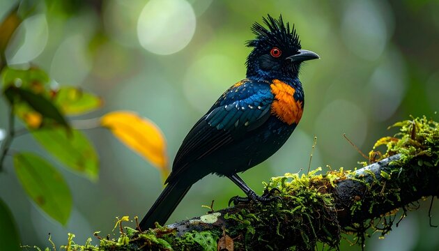 A vibrant spangled cotinga bird with a striking orange chest and dark blue plumage perched on a mossy branch in a lush tropical rainforest.