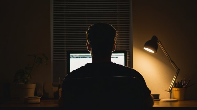 debugging. A programmer working late at night, with a warm desk lamp glowing against a dark office backdrop. product launch decks, UI/UX mockups, designed for product launches and innovation pitches.