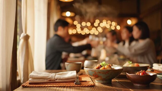 Warmly lit table setting with delicious Asian cuisine and blurred diners enjoying a cozy evening meal in a stylish restaurant interior
