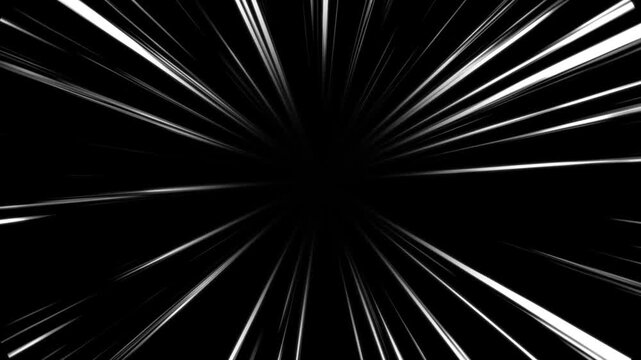 White energy speed line background, comic speed line, texture pattern effect in cartoon concept on black screen background. speed effect white light glowing animation concept. 4k animation