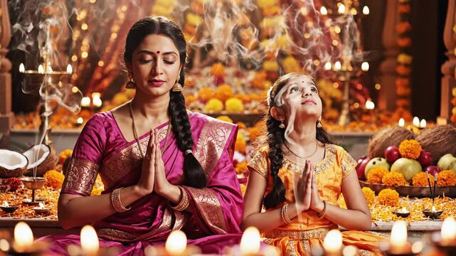 A cinematic close-up captures an indian mother and daughter praying amidst glowing diyas in a warm, spiritual temple setting.
