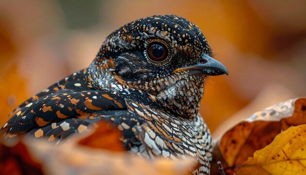 A close-up shot of a beautifully camouflaged nightjar bird nestled among vibrant autumn leaves, showcasing its intricate speckled plumage and large dark eyes.