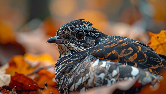 A close-up shot of a camouflaged nightjar bird resting among vibrant autumn leaves on the forest floor, showcasing its intricate plumage.