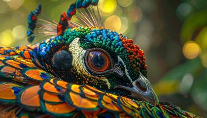 Obraz premium Close-up of a vibrant peacock's head showcasing its intricate, colorful feathers and reflective eye in a blurred natural background.