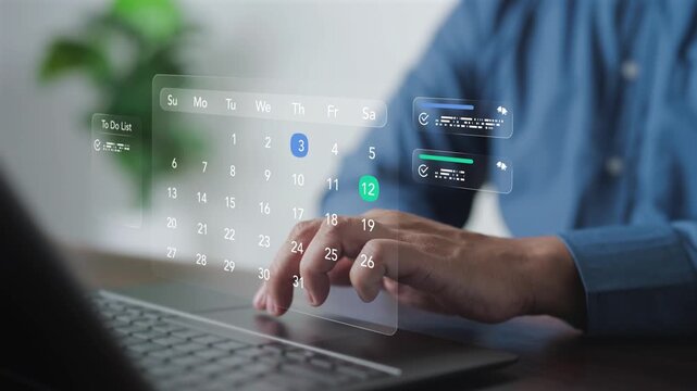 Business person using laptop with virtual digital calendar screen for time management. Project planning, schedule appointments, and organized to-do list for efficient business productivity in office.