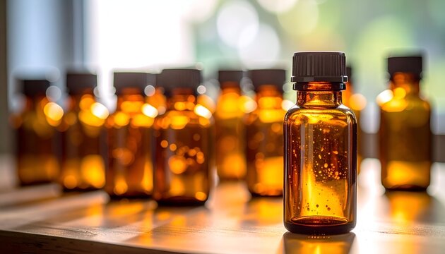 Amber glass bottles of various sizes stand in focus and blurred background