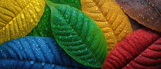 Colorful leaf with water droplets on it
