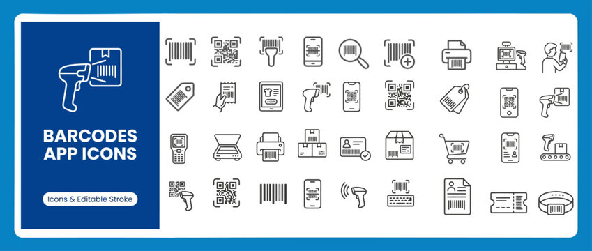 Barcode and QR Code Scanner Outline Vector Icon Set &mdash; Editable Stroke Line Icons for Web and App UI