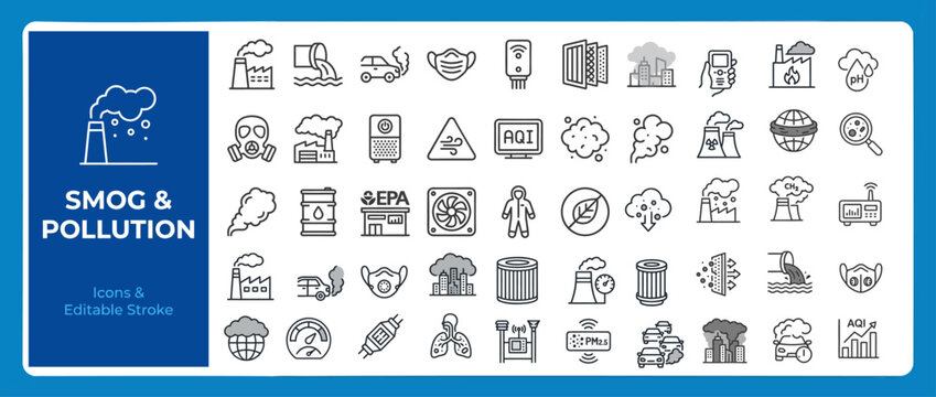 Air Pollution and Environmental Protection Outline Vector Icon Set &mdash; Editable Stroke Line Icons for Web and App UI