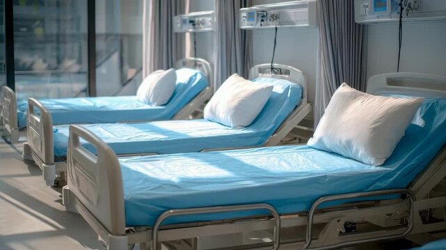 Empty hospital beds illuminated by sunlight waiting for patients in a modern clinic