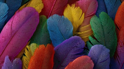 Colorful array of feathers with a rainbow of colors