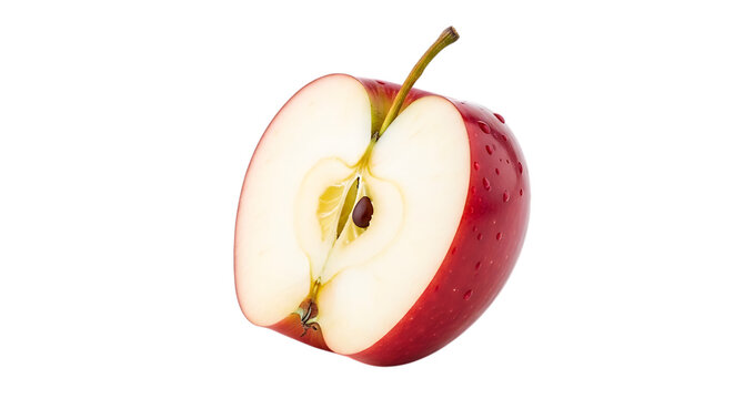 A red apple cut in half with a stem isolated on transparent background