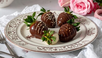 Chocolate covered strawberries on a decorative plate with floral elements