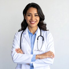 Smiling female doctor in white coat, arms crossed, stethoscope around neck