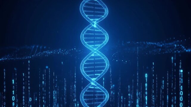 Glowing DNA helix with binary code background representing genetic data and futuristic technology