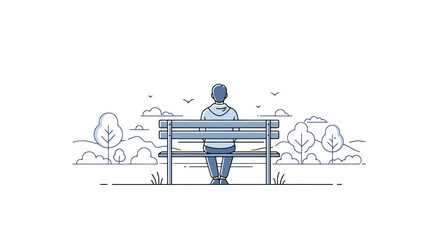 Lone individual sits on a park bench facing away contemplating nature and sky in a minimalist line art style creating a feeling of solitude and peace © Jonmart