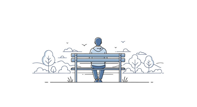 Lone individual sits on a park bench facing away contemplating nature and sky in a minimalist line art style creating a feeling of solitude and peace