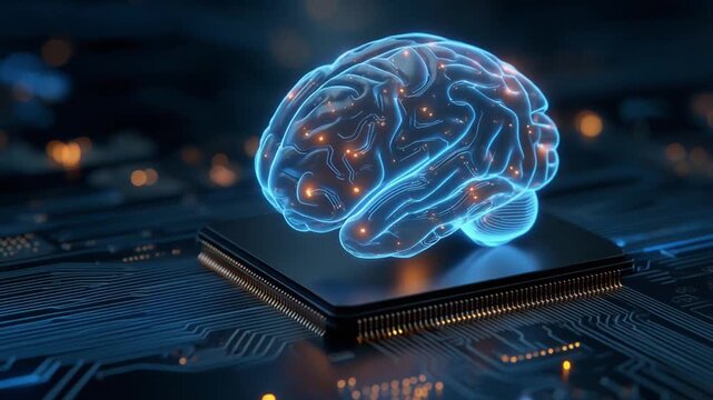 Futuristic digital brain glowing with neural connections over computer circuit board technology concept