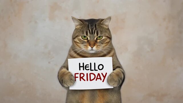 Cute tabby cat holding a sign with Hello Friday text against a beige background