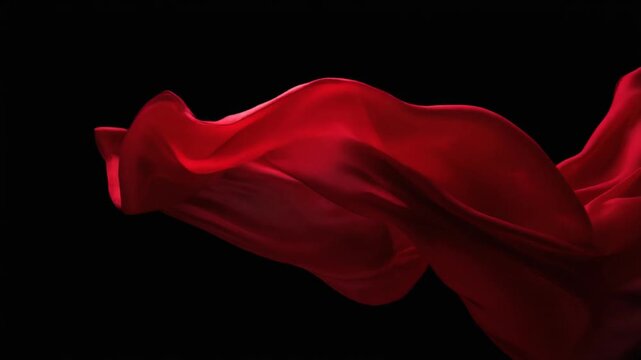 Flowing red silk fabric in motion on black background with elegant smooth texture and vibrant color