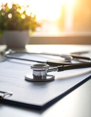 Stethoscope on a clipboard with a plant in a pot, warm sunlight