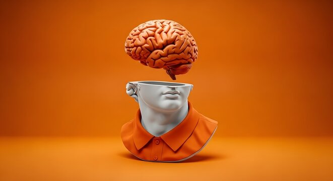 A surreal sculpture of a human head with a brain emerging from the top symbolizing creativity and intellectual growth in a visually striking way
