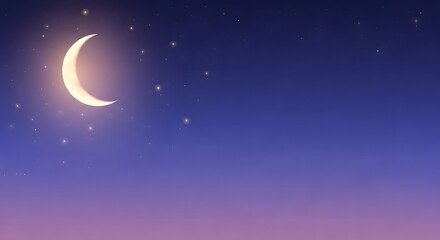 Naklejka premium Crescent moon and sparkling stars on a gradient twilight night sky