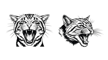 Obraz premium Pair of Snarling Cat Heads Illustration for Pet Branding, Retail Merchandise, Logo Design and E-commerce Marketing Vector Graphic