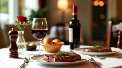 Elegant fine dining experience with grilled steak and red wine at cozy restaurant.